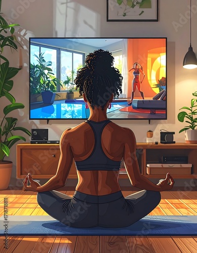Woman meditating in living room watching TV