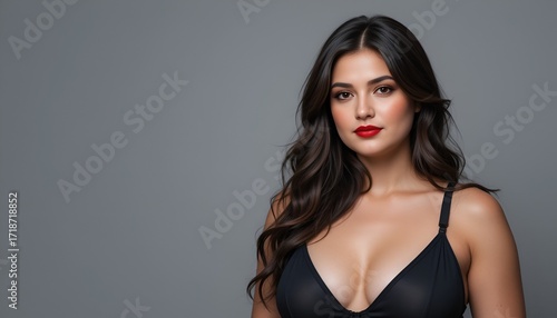 Wallpaper Mural Elegant woman with long brunette hair gazes forward with soft, alluring eyes and red lipstick. Torontodigital.ca