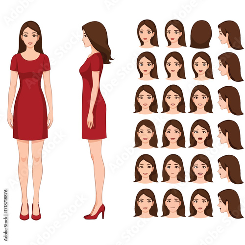 Young woman character sheet in a red dress with front and side views and a set of different facial emotions.