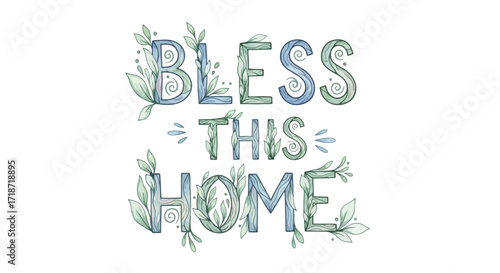 Decorative watercolor typography artwork saying 'Bless This Home', perfect for wall art or home decor
