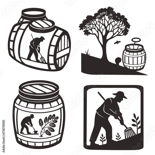Farming and Barrel Silhouettes with Rural Scenes farmer
