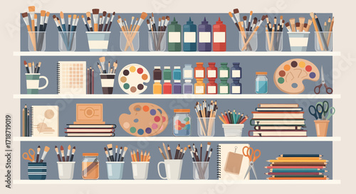 Flat lay of an artist's workspace showcasing various painting supplies, brushes, and art materials arranged neatly on shelves against a muted blue background, conveying