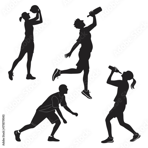 Female athletes in silhouette playing sports and drinking
