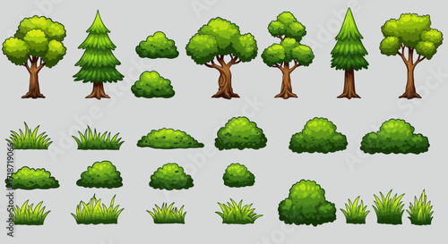 Collection of pixel art nature elements, including various trees, bushes, and tufts of grass, all rendered in a cartoon style.