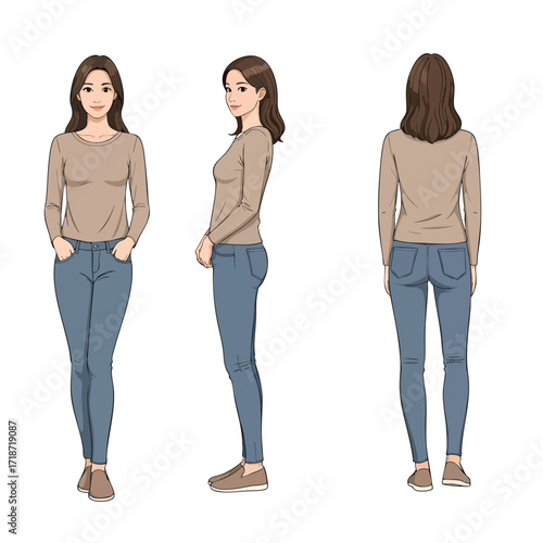 Young woman in casual clothes shown in front side and back view character sheet illustration.