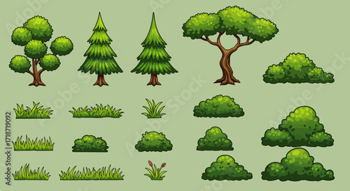 A collection of pixel art nature assets featuring various trees, bushes, and grass clumps on a light green background.