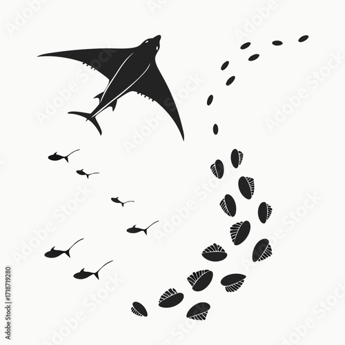 Flying Fish and Footprint Trail Silhouette stingray