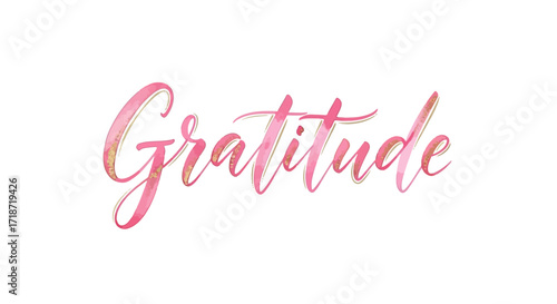 Elegant Watercolor Calligraphy Word 'Gratitude' with Pink and Gold Accents on White Background