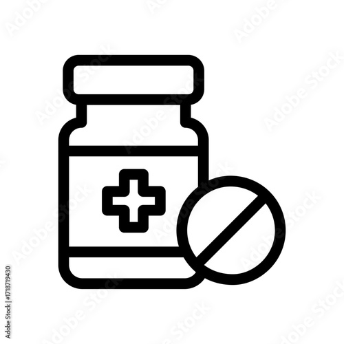 Medicine Bottle and Pill Line Icon of Veterinary Clinics Icon Set
