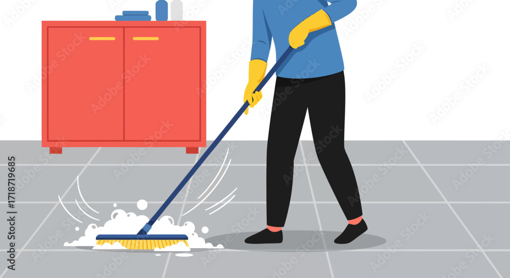Obraz premium Person mopping tiled floor with cleaning supplies, close-up view, showing soapy water and a red cabinet in the background, conveying a clean and fresh mood.
