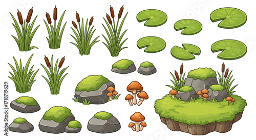 Cartoon illustration of wetland elements including cattails, lily pads, mossy rocks, and mushrooms arranged on a white background.