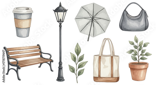 A watercolor clipart set of charming city park and street life objects on white background
