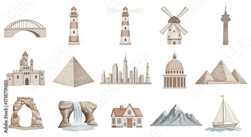 Collection of Famous Landmarks and Architectural Wonders in Watercolor Style