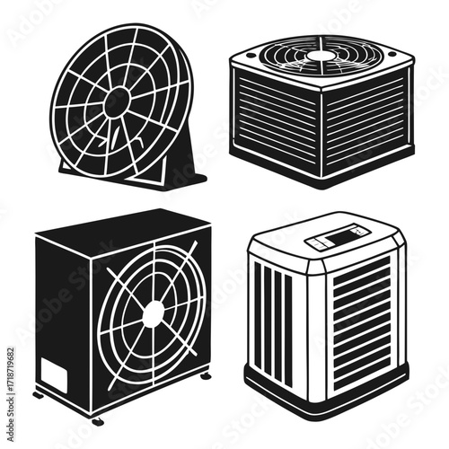 Four Black Silhouettes Of Air Conditioning Units And Fans