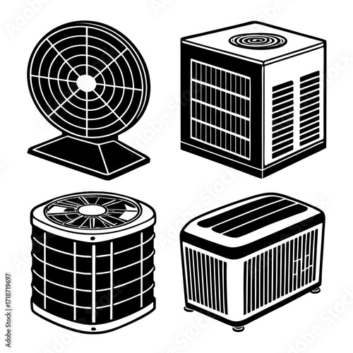 Four Black Silhouettes Of Air Conditioning Units And Fans