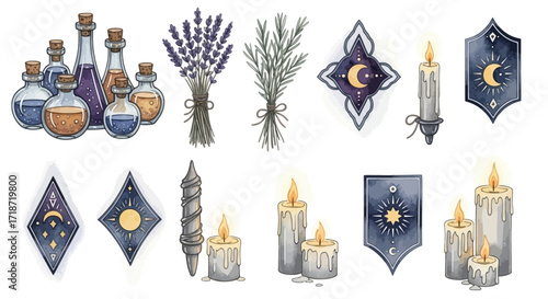 Watercolor collection of magical witchcraft elements with potions, candles, and celestial symbols