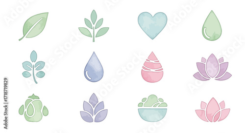 Watercolor collection of wellness and nature icons including the leaf, heart, and lotus flower