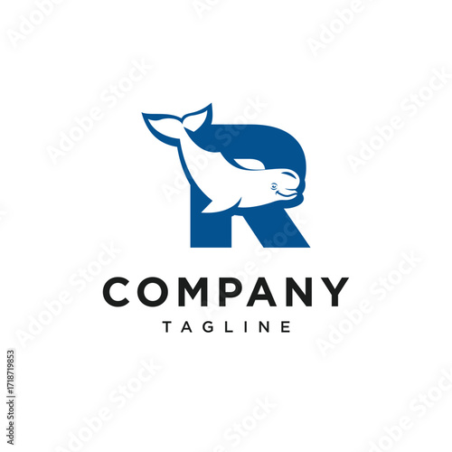 Letter R Beluga Whale Logo Icon Vector
