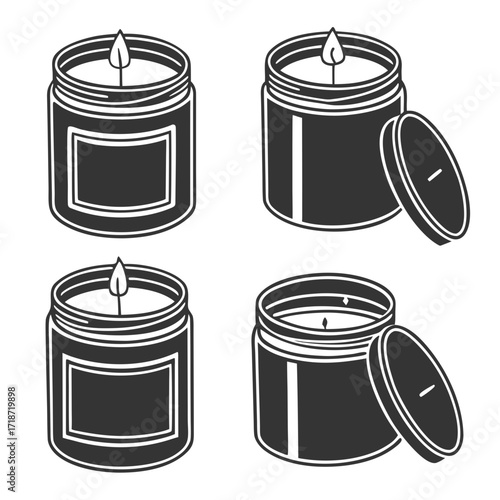 Four Dark Candles With Lids On White Background jars