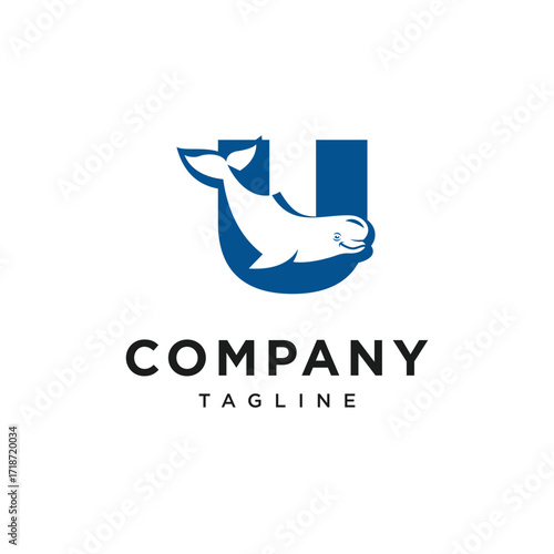 Letter U Beluga Whale Logo Icon Vector