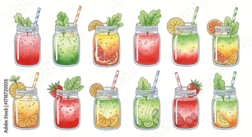 A vibrant watercolor illustration set of fresh fruit smoothies and healthy juices in glass jars