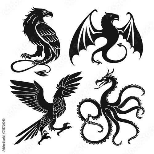 Four heraldic mythical creatures in silhouette on white background