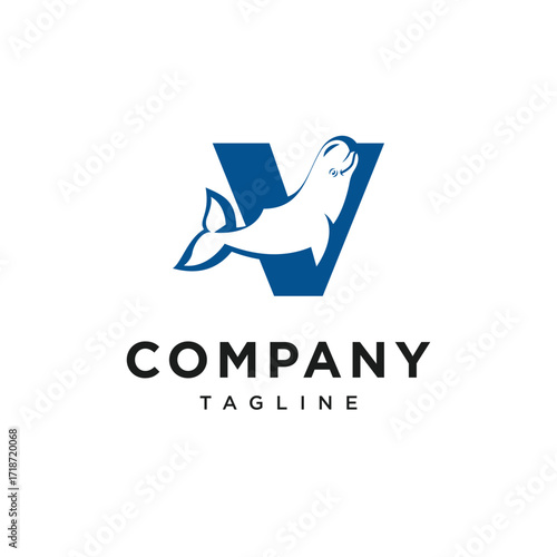 Letter V Beluga Whale Logo Icon Vector