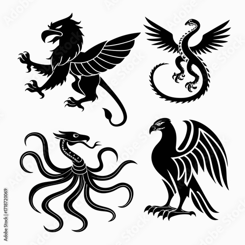Four mythical creatures in silhouette on white background