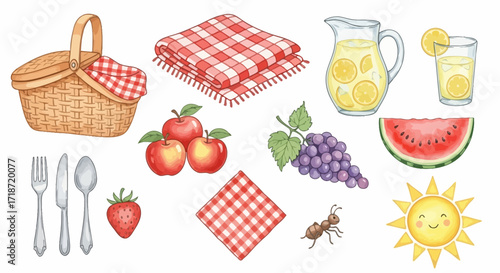 Watercolor picnic items basket, blanket, lemonade, fruits, and cutlery for summer enjoyment