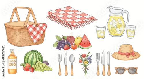 Watercolor Picnic Clipart Set Basket, Blanket, Food, Drinks, and Accessories