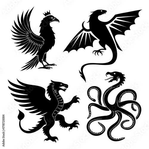 Four mythological beasts in black silhouette on white