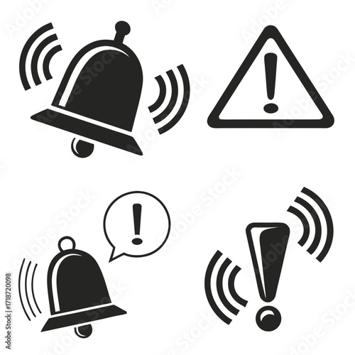Four notification and alert icons including bells and exclamation marks