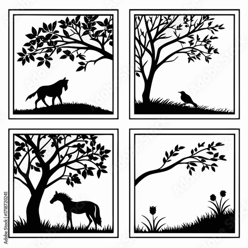 Four Silhouette Panels of Horses and Nature Scenes