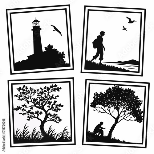 Four Silhouette Panels of Lighthouse, Hiker, and Trees