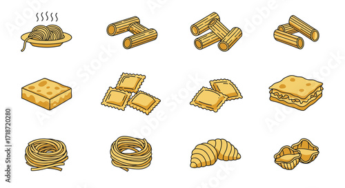 A collection of twelve different types of pasta, including spaghetti, rigatoni, ravioli, and lasagna, displayed in a grid arrangement.