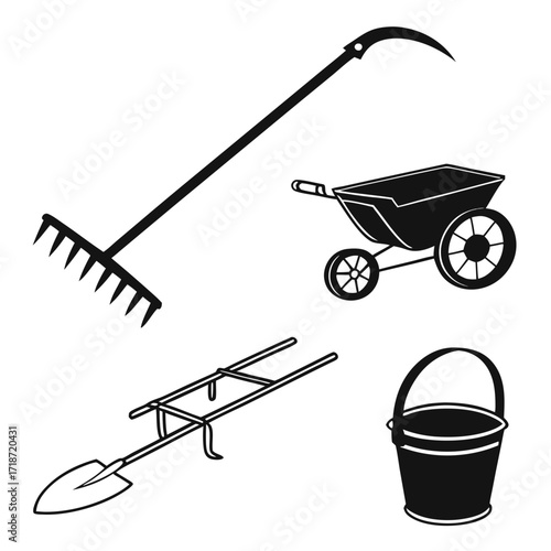 Garden Tools Silhouette Collection rake wheelbarrow