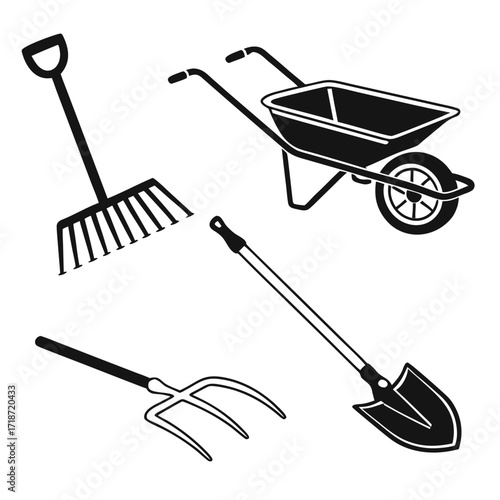 Garden Tools Silhouette Collection With Pitchfork Rake Shovel And Wheelbarrow Keywords: garden