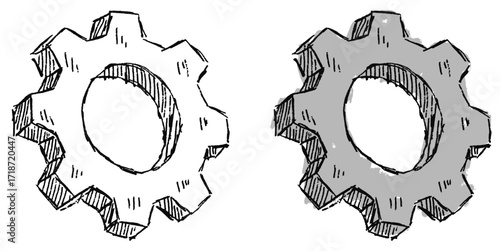 Grunge sketch hand-drawn gear cog vector. Ideal for adding a raw, textured feel to engineering and technology themes. Features a distressed and edgy aesthetic.