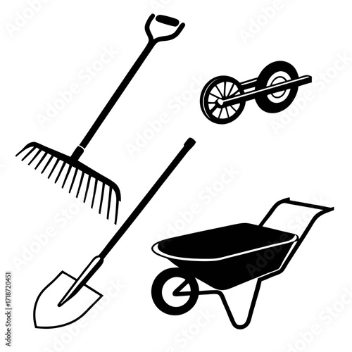 Garden Tools Silhouette Collection on White Background Keywords: garden, tools, rake, shovel