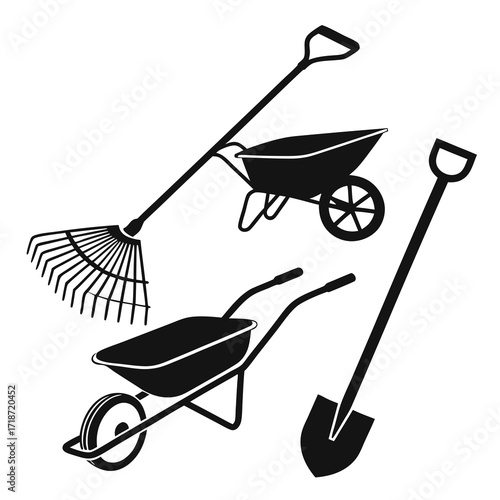 Garden Tools Silhouette Collection With Wheelbarrows Rake And Shovel Keywords: garden tools