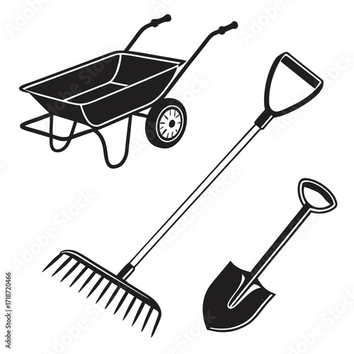 Garden Tools Silhouette Set on White Background Keywords: garden, tools, rake, shovel