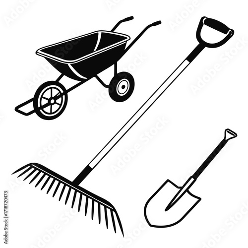 Garden Tools Silhouette With Rake And Spade Keywords: gardening, tools, rake, shovel