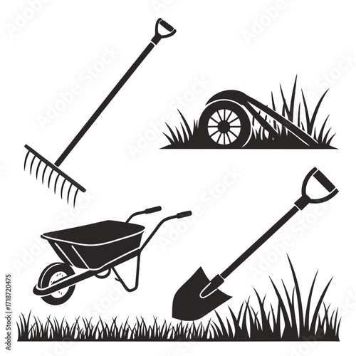 Garden Tools Silhouette With Grass Elements Keywords: gardening, tools, rake, shovel