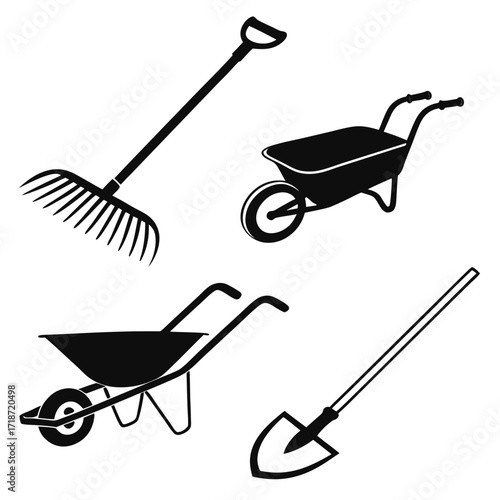 Garden Tools Silhouette With Two Wheelbarrows Rake And Shovel Keywords: garden tools, gardening