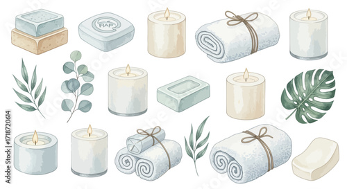 Serene spa and wellness watercolor clipart set featuring soaps, rolled towels, and eucalyptus leaves
