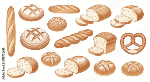 Artistic Bread Collection Sliced Loaves, Baguettes, Rolls, Pretzels, and Warm-Toned Bakery Delights