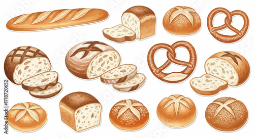 Assortment of Freshly Baked Bread and Pastries, Including Baguettes, Loaves, and Pretzels