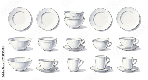 Watercolor Clipart Set White Porcelain Plates, Bowls, Cups, Saucers for Breakfast