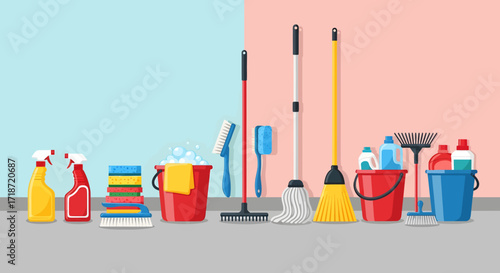 Flat lay of cleaning supplies including buckets, mops, brushes, sponges, and detergents against a pastel pink and blue background, conveying a fresh and clean mood.