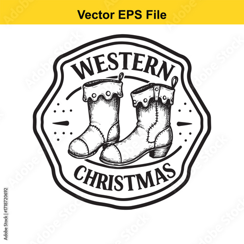 Western christmas emblem with cowboy boots, isolated on white background